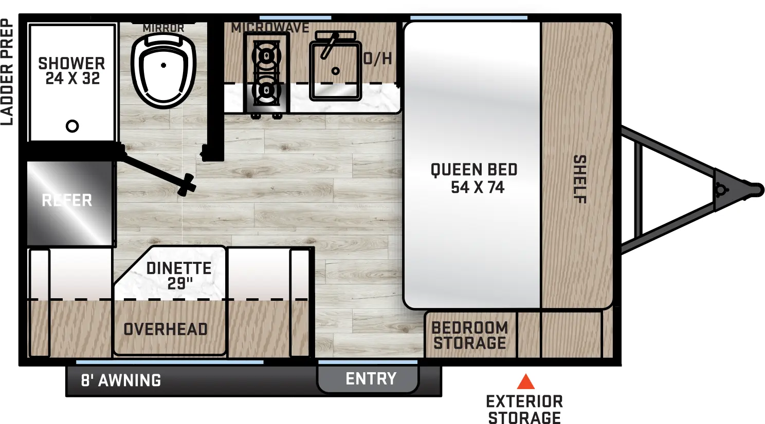 The 134RDX has zero slideouts and one entry. Exterior features exterior storage, rear ladder prep, and 8 foot awning. Interior layout front to back: side-facing queen bed with shelf above and door side storage; off-door side kitchen counter with sink and cooktop, overhead cabinet, and microwave; door side entry; rear off-door side bathroom with shower and toilet only; rear door side dinette with overhead cabinet; rear refrigerator.